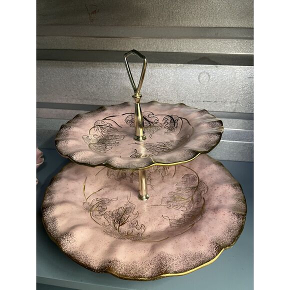 VTG California Pottery #719 Pink Leaf Dish Gold Trim + MCM Pink Gold 2 Tier Tray - Picture 2 of 16